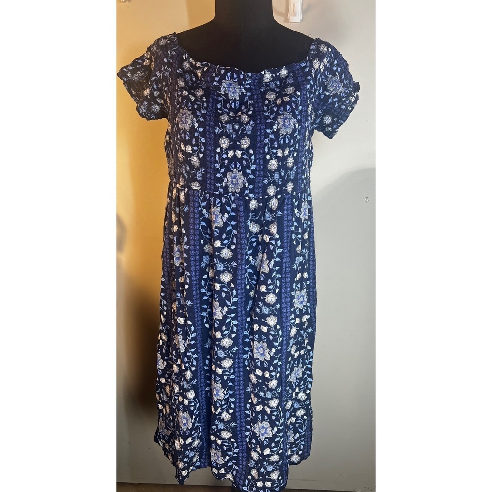 Old Navy Blue Floral Smocked Bodice Short Sleeve Midi Dress XL Boho Casual